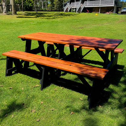 A frame picnic table stained and handmade by JJ Timber Design