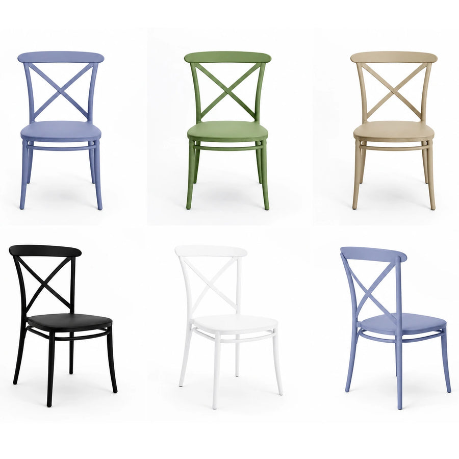 Six  dining chairs with X-back designs are shown in a 2x3 grid, featuring different colors: blue, green, beige, black, white, and light blue, on a plain white background. JJ Timber Design Commercial Products
