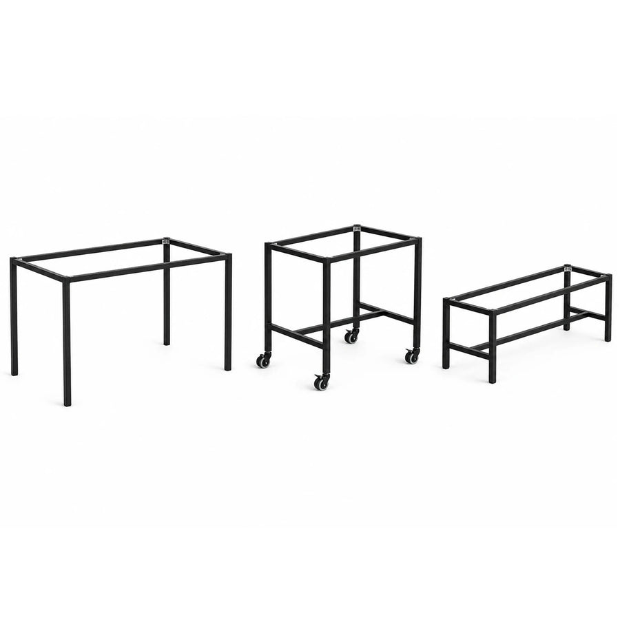 Three black metal furniture frames on casters, including a rectangular table base, a rolling cart base, and a bench base, shown on a plain white background. JJ Timber Design Commercial Products