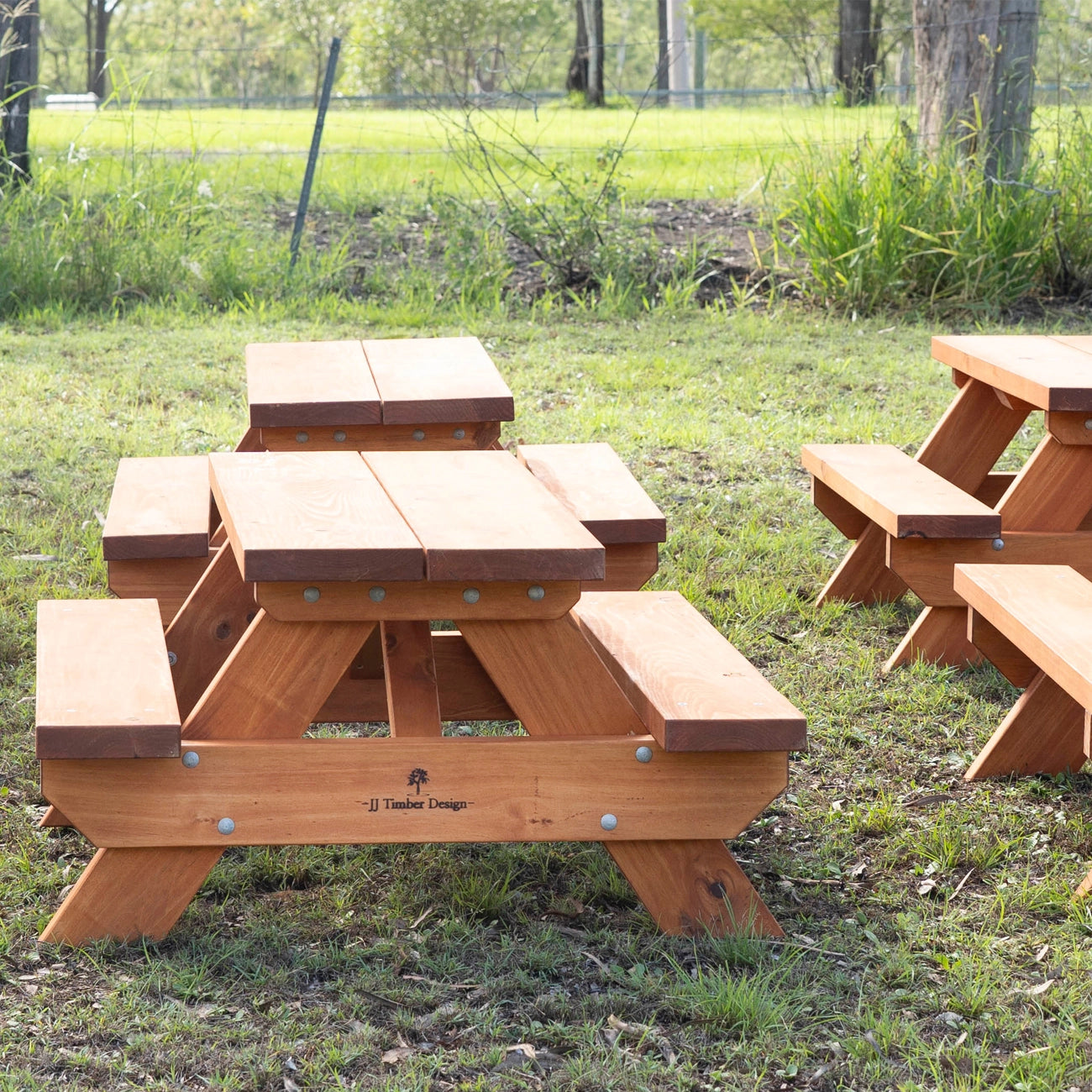Handcrafted JJ Timber Design kids picnic table set arranged outdoors durable timber kids picnic tables