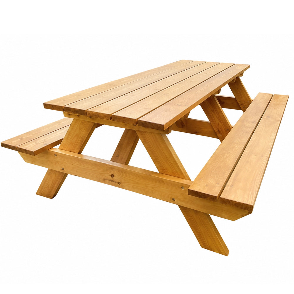 A light brown wooden picnic table with attached benches, shown from a three-quarters angle on a solid white background. Handmade by JJ Timber Design
