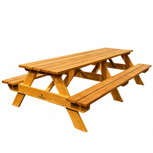 A wooden picnic table with attached benches, shown at an angle on a plain white background. Handmade by JJ Timber Design