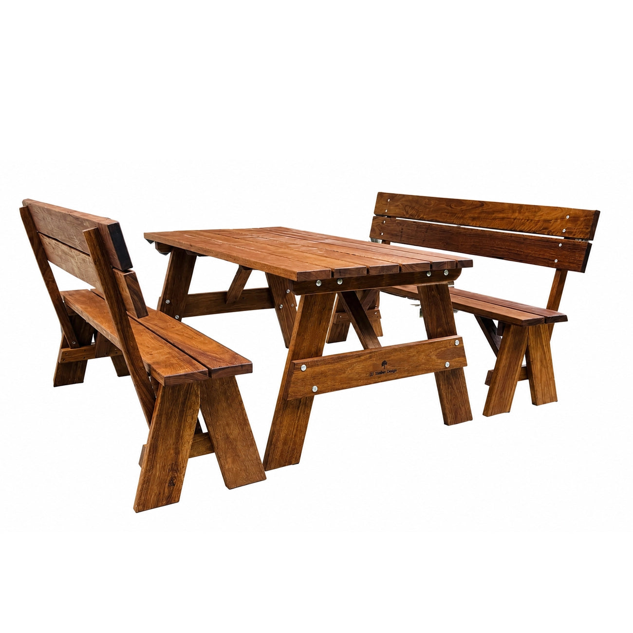 A three-piece outdoor wooden picnic table set consisting of a rectangular table and two matching bench seats, shown against a plain white background. Handmade by JJ Timber Design