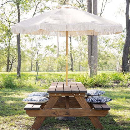 Angled product view of JJ Timber 2.4m heavy duty picnic table with umbrella.