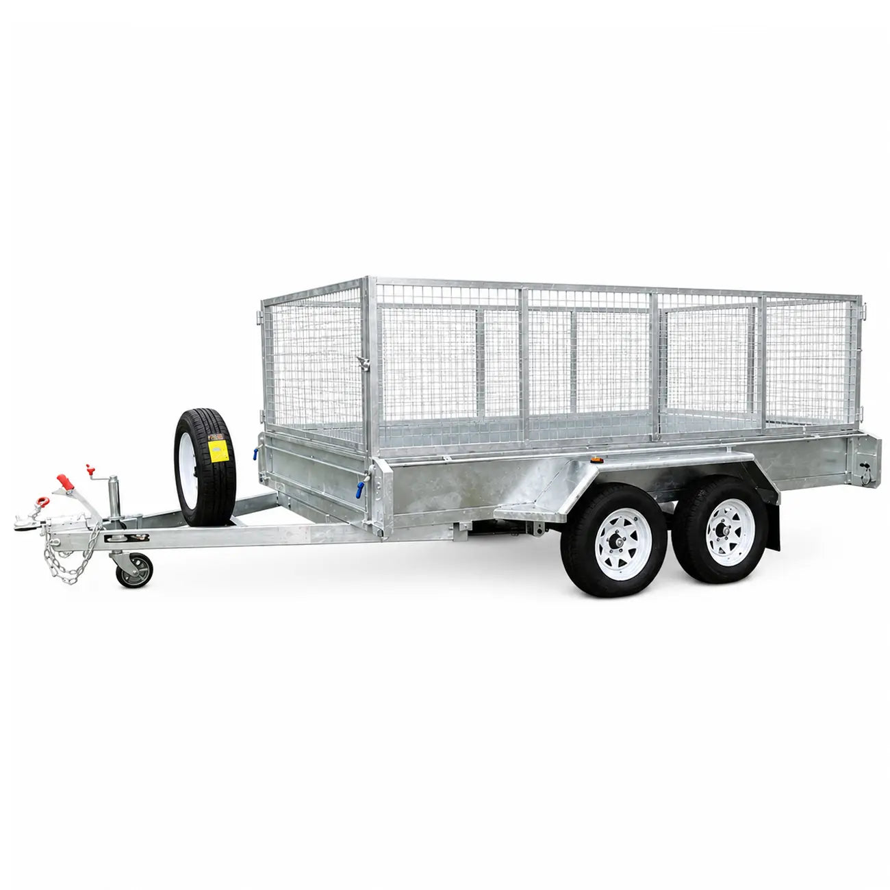 Galvanized steel utility trailer with wire mesh side and rear ramps, dual axles with black tires, and a hitched tongue, shown on a plain white background.