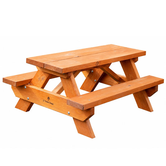 A small wooden Child's picnic table with attached benches, shown at an angle on a plain white background. The table has a warm orange-brown stain and a small logo printed on the side. Handmade by JJ Timber Design