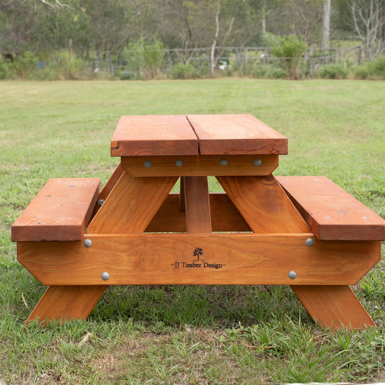 Close view of JJ Timber kids picnic table timber frame and hardware.