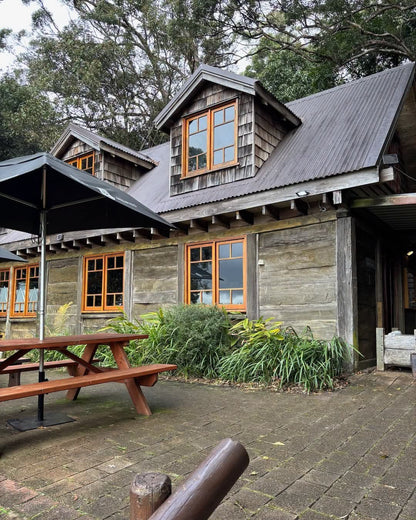 A rustic wooden cabin with gray metal roofing, orange-framed windows, and a paved patio area with a picnic table and umbrella, surrounded by greenery and trees.
