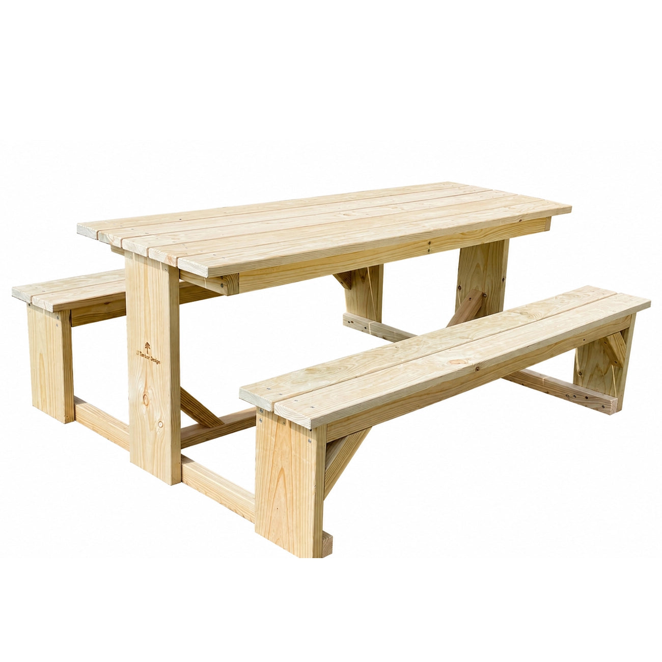 A light natural wood picnic table with two attached benches, shown on a plain white background. JJ Timber Design