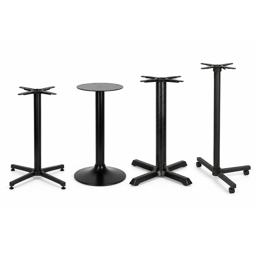 Four black metal table bases and one matching round pedestal table on a clean white background. JJ Timber Design Commercial Products