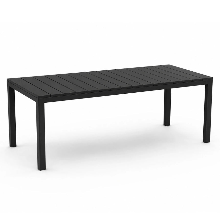 A modern rectangular outdoor dining table with a dark charcoal gray slatted top and matching legs, shown on a clean white background. JJ Timber Design Commercial Products