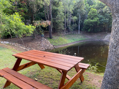 A merbau wooden picnic table with attached benches in an outdoor backyard setting next to a small pond, with trees and grass in the background.