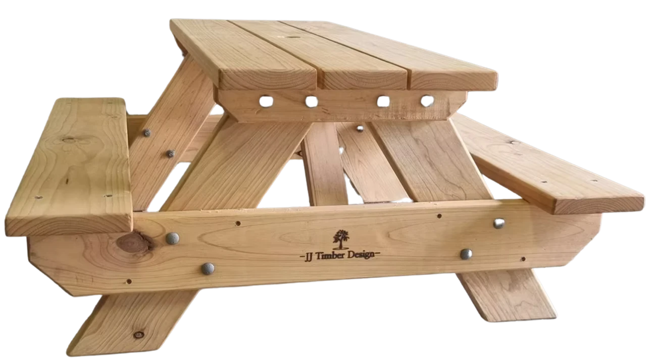 JJ Timber Design timber picnic table photographed on a white background.