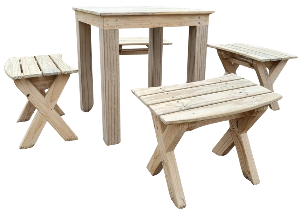 Small JJ Timber Design timber table with matching bench seats on white background.