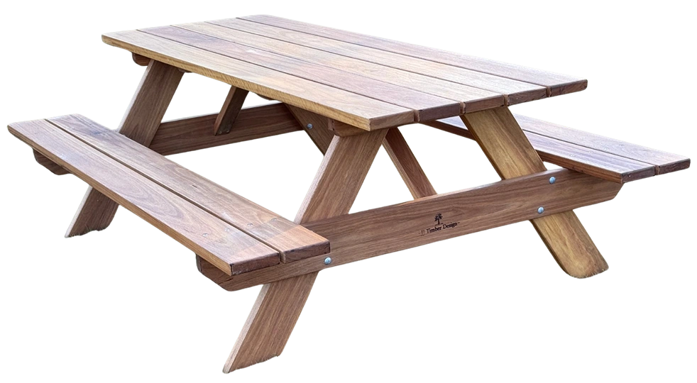 Light timber JJ Timber Design picnic table isolated on a white background.