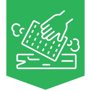 Hand wiping timber icon representing easy-clean tables.