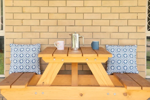 JJ Timber Design standard picnic table with coffee setup timber picnic tables for cafes patio seating