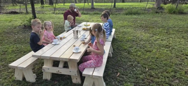 JS Timber Design family timber picnic table used outdoors for a garden gathering with children